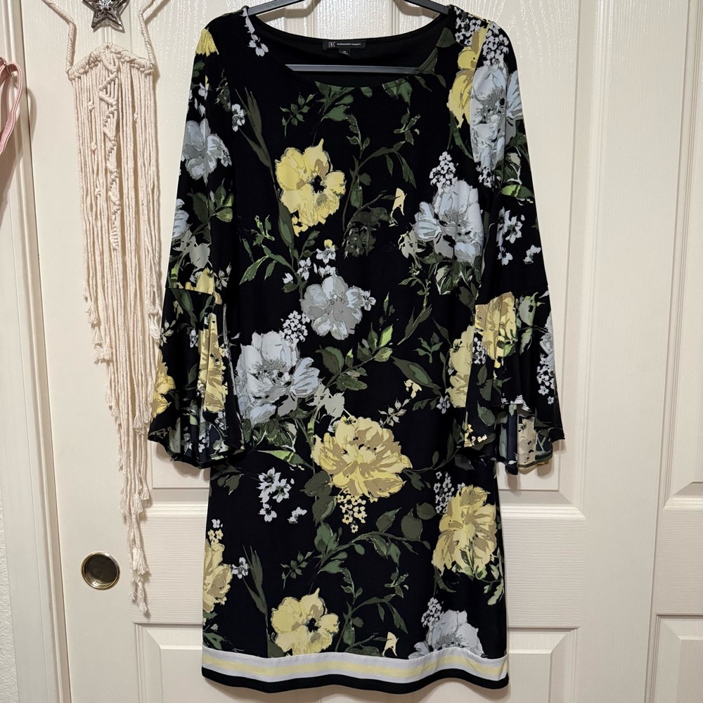 INC International Concepts Black Floral Shift Dress with Bell Sleeves Size M